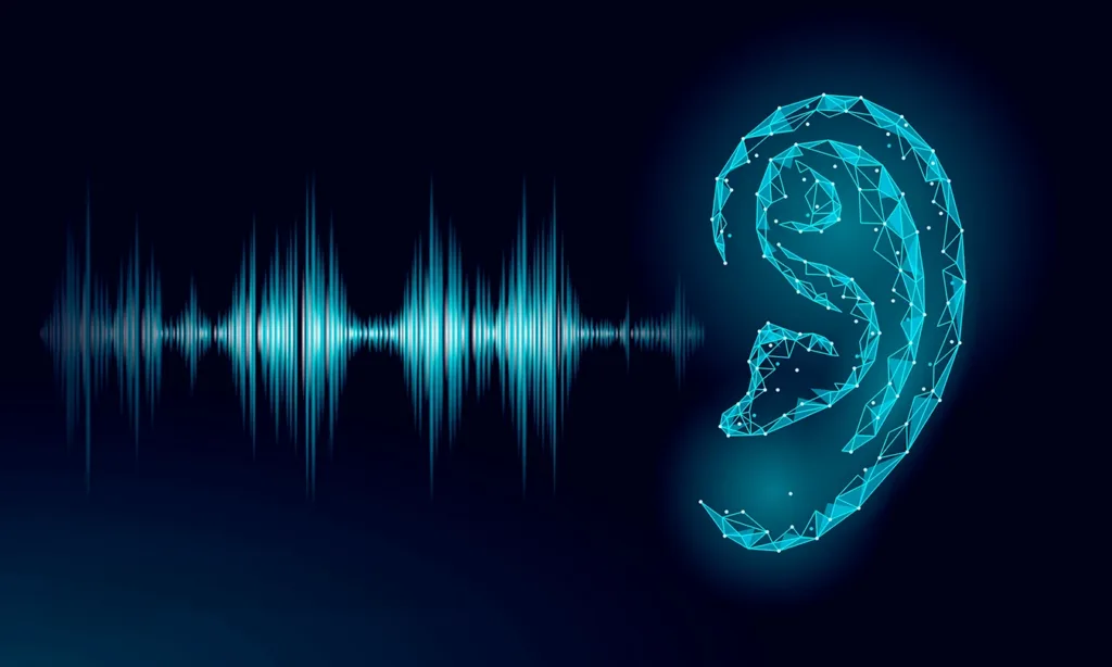 A digital illustration of light blue sound waves and a human ear on a dark blue background, symbolizing the latest hearing aid technology in 2026